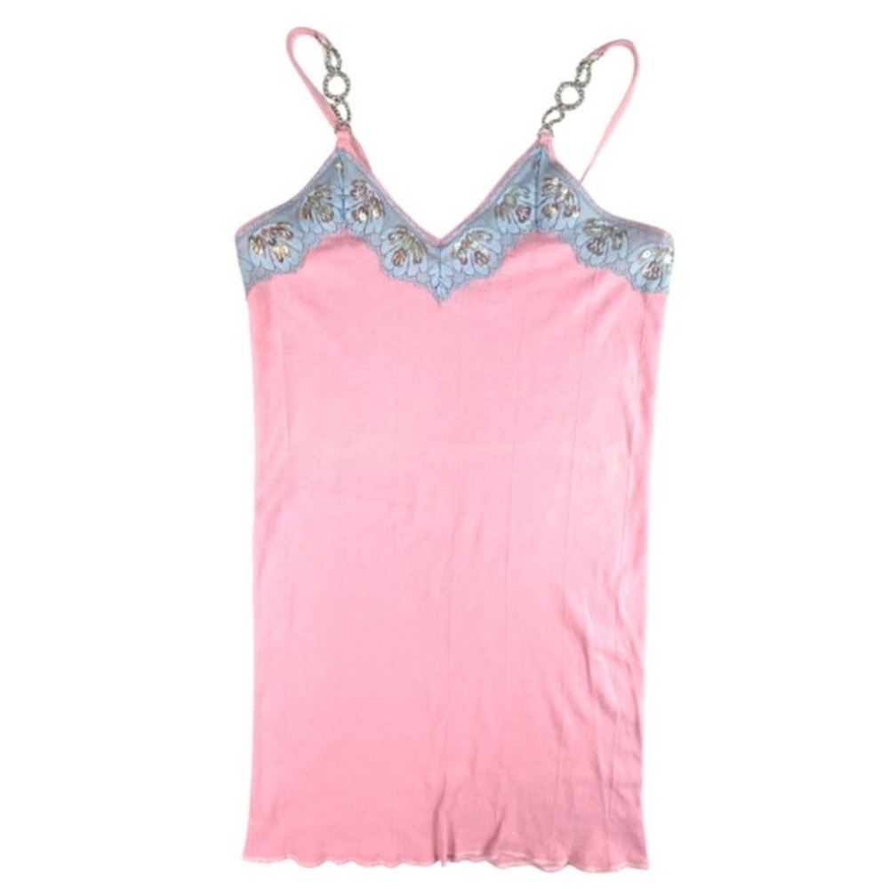 Y2K JET John Eshaya Tank Top pink, rhinestones, blue lace NWOT from early 2000’s